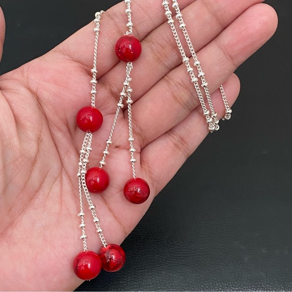 Silver-tone Chain with Red Beads Lariat 24-Inch Necklace 14.2g - Picture 3 of 14